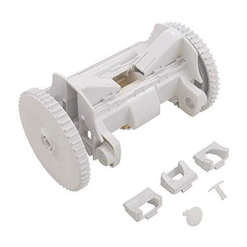 White Poolvergnuegen replacement frame assembly with wheels, gears, and small hardware components shown disassembled on white