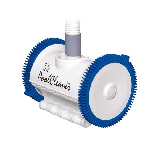 Poolvergnuegen - White and blue Hayward PoolCleaner 2-wheel automatic suction pool vacuum shown from front three-quarter angl